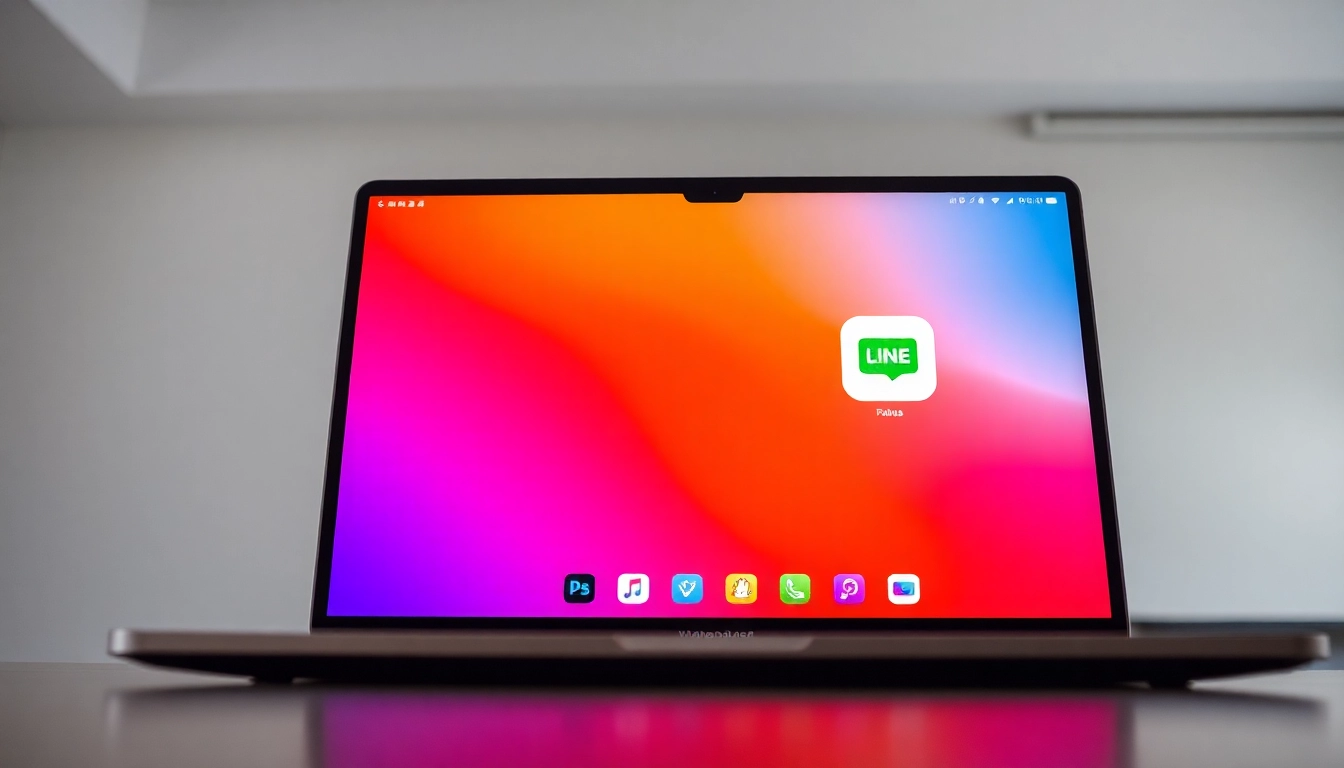 Download the line電腦版官方下載 interface showcased on a laptop.