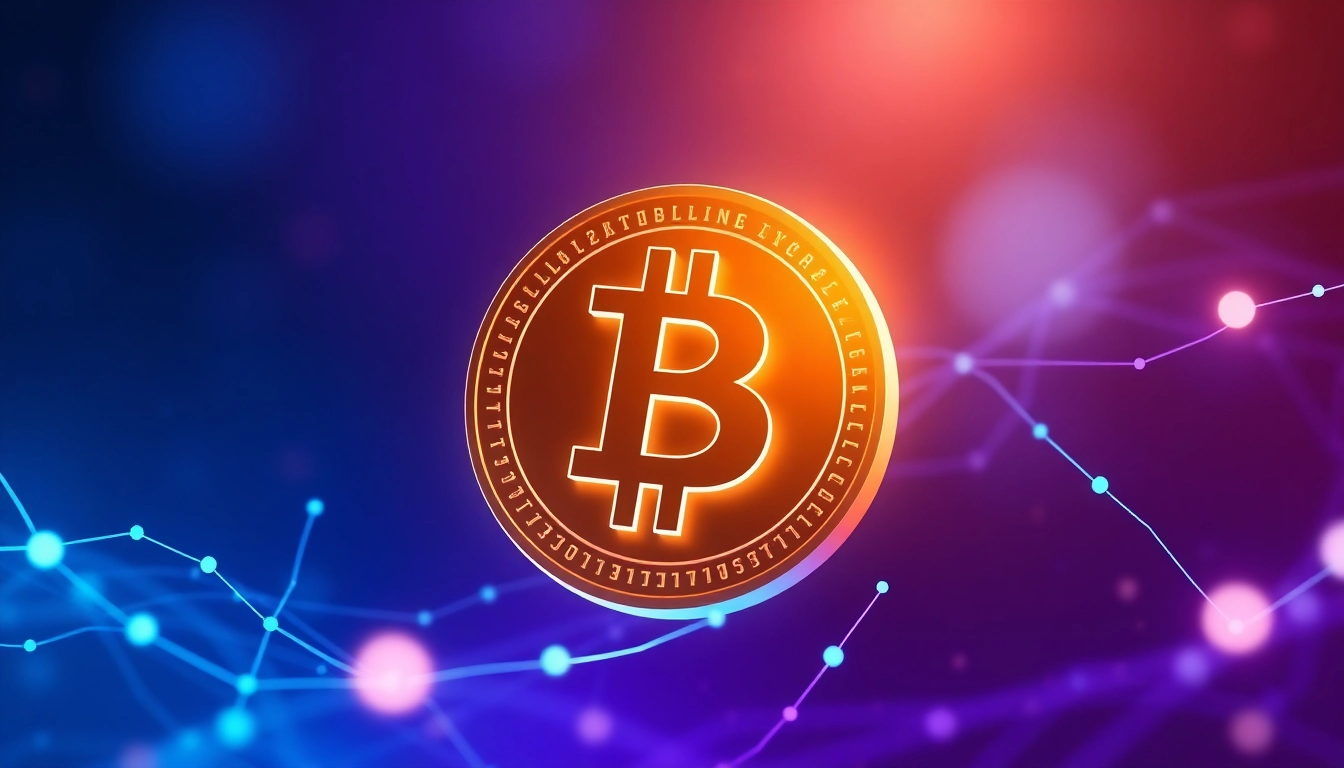 Illustrate Bitcoin as a glowing coin among digital blockchain elements, representing innovation.