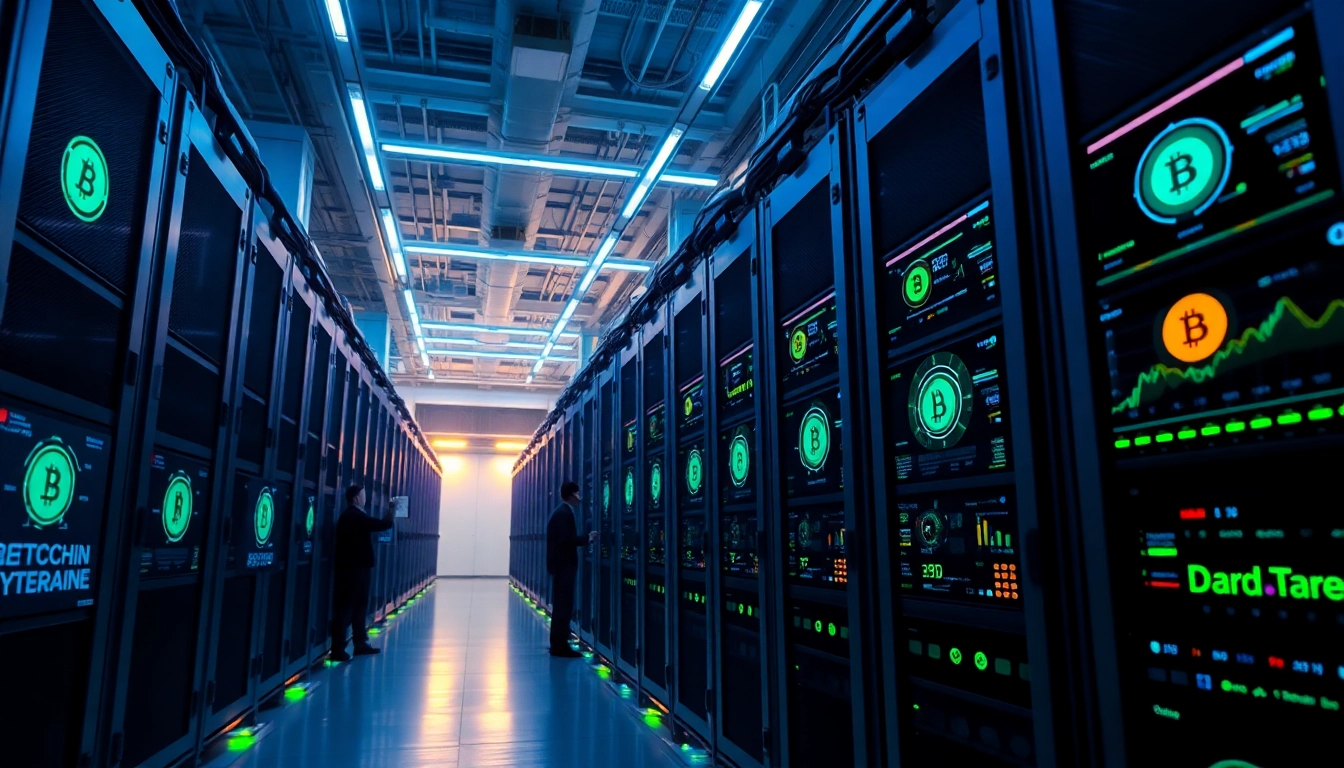 Experience Bitcoin mining in a high-tech warehouse with advanced mining rigs and digital performance displays.