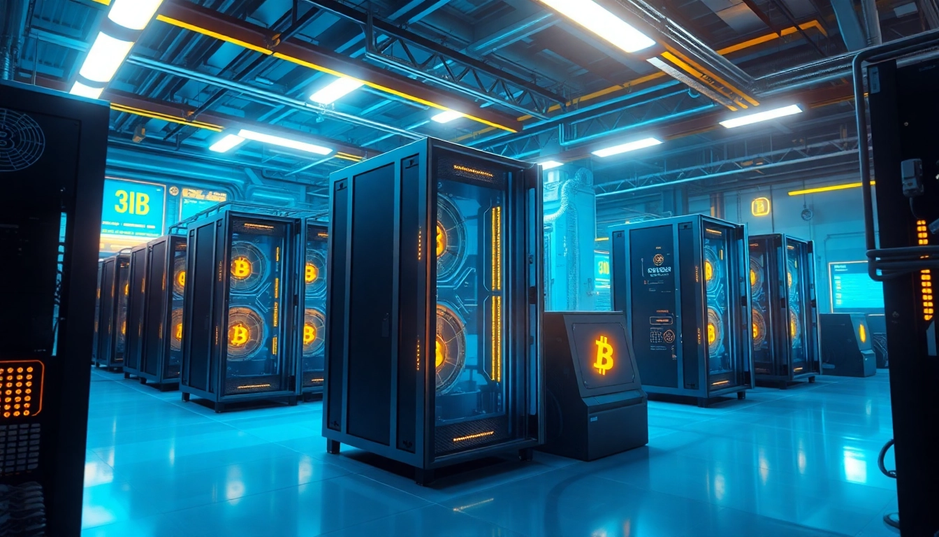 Explore the action of Bitcoin mining in a high-tech facility showcasing powerful mining rigs.