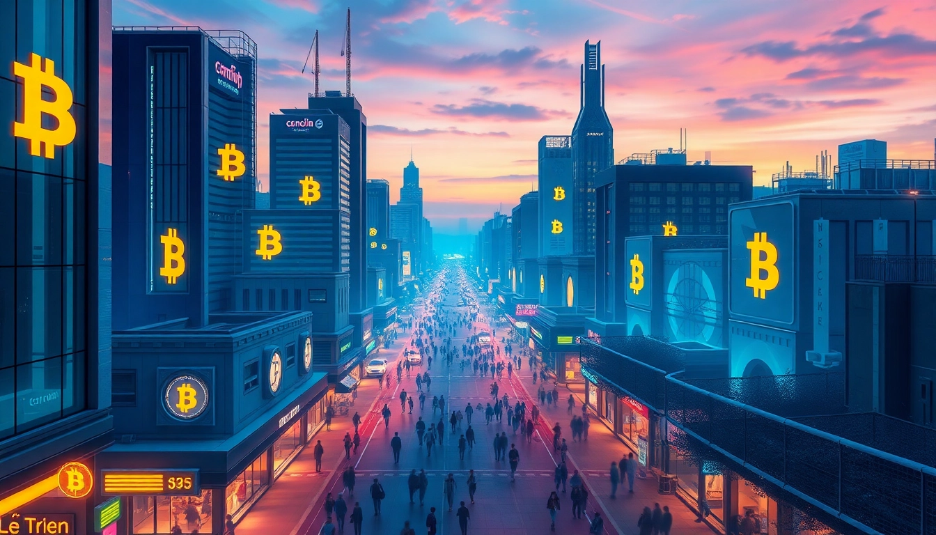 Experience the innovation of Bitcoin in a bustling futuristic city, illuminated by vibrant twilight hues.