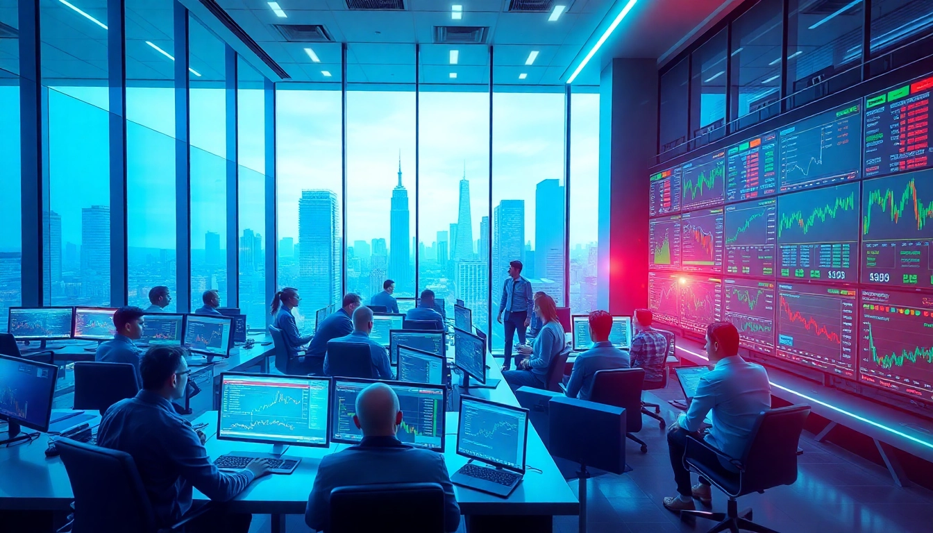 Engage with the exciting world of crypto trading at a modern trading desk filled with dynamic charts.